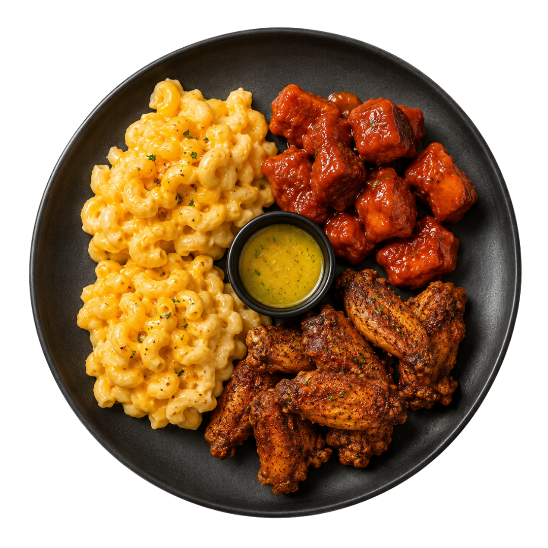 Hennessy wings and BBQ wings with mac and cheese
