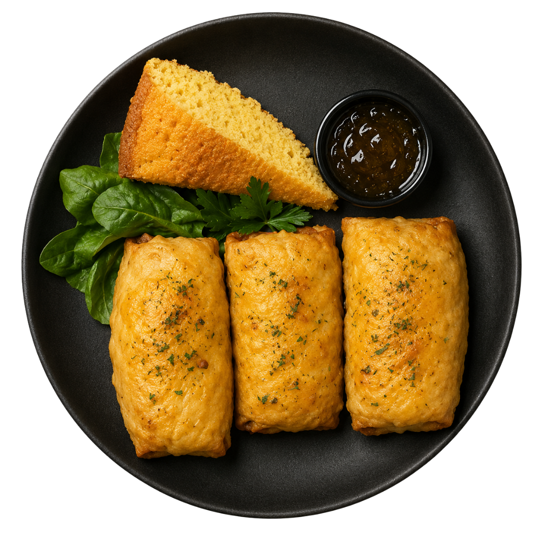 Golden stuffed patties with cornbread and chutney