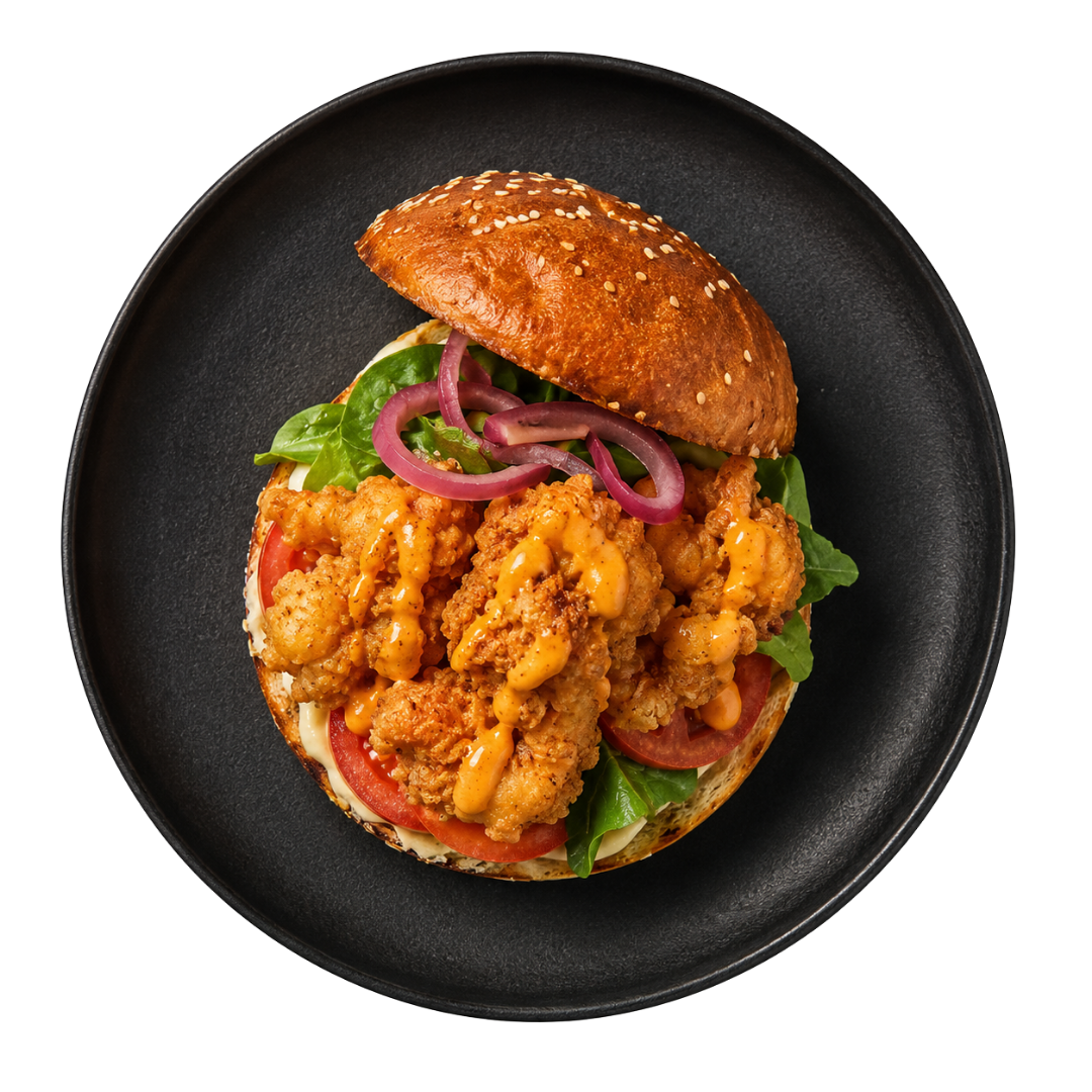Fried shrimp sandwich on a matte black plate